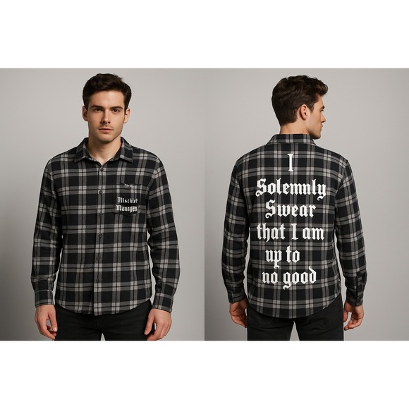 Harry Potter Cakeworthy Black Plaid Flannel Shirt Mischief Managed Large - Picture 1 of 16